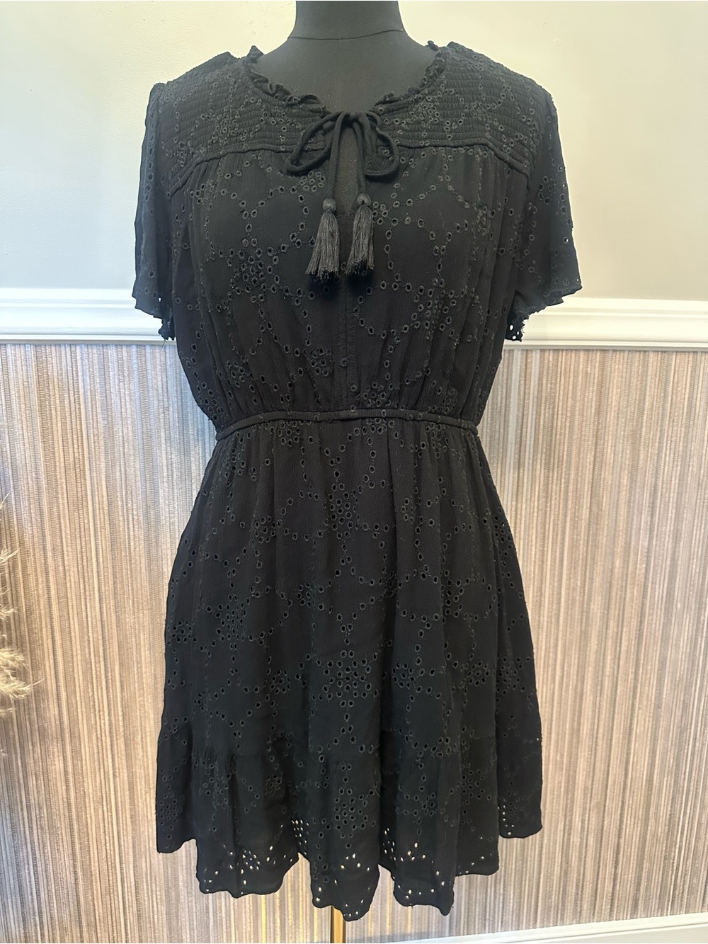 Lovestitch Black Eyelet Embroidered Boho Mini Dress Tassel Tie Waist Large